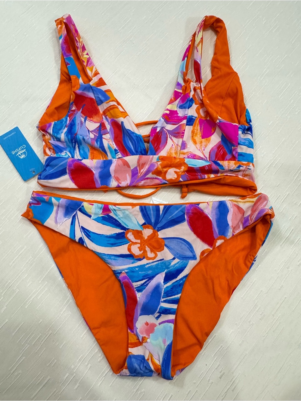CUPSHE Floral Bikini Set Orange Multicolor Lace-Up Back Size S NWT